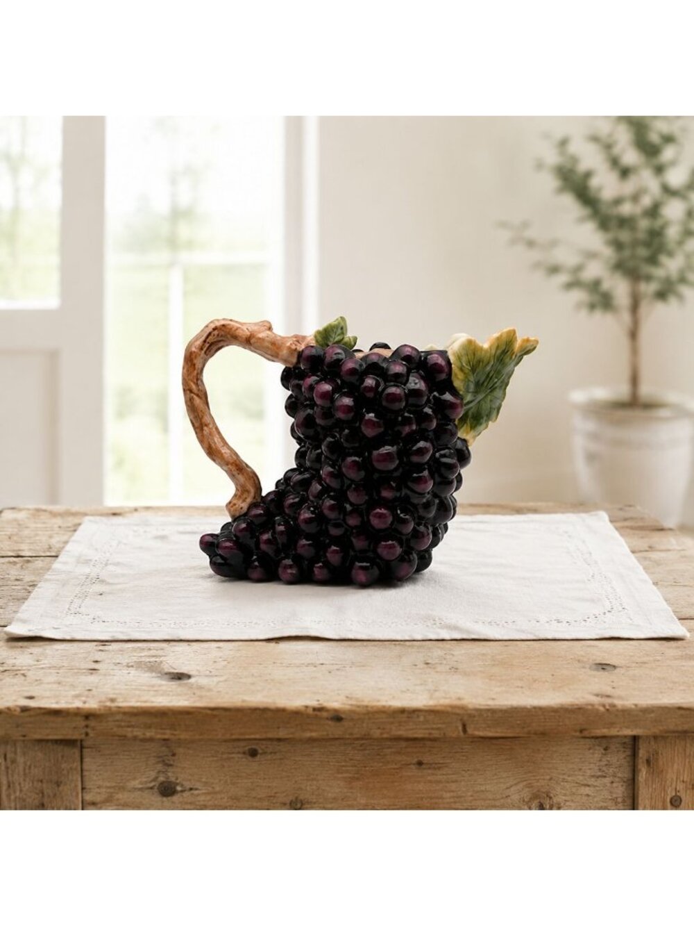 Grape Cluster Pitcher Majolica Style Kaldun & Bogle Purple and Green 10"